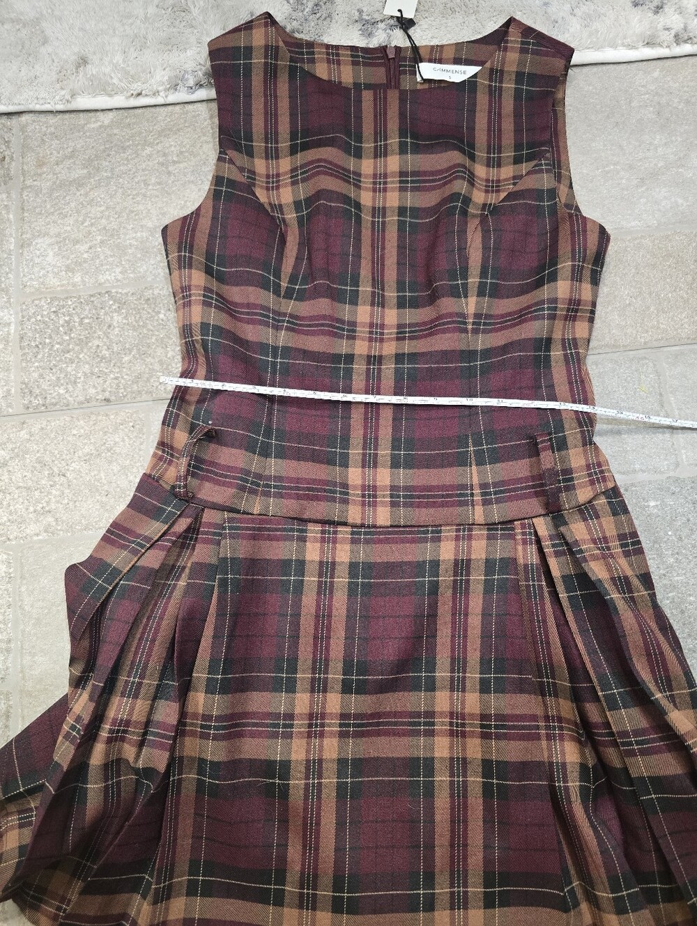 NWT Commense Checkered Pleated Tank Dress Without Belt Small Plaid Mini Red Tan - Picture 9 of 11